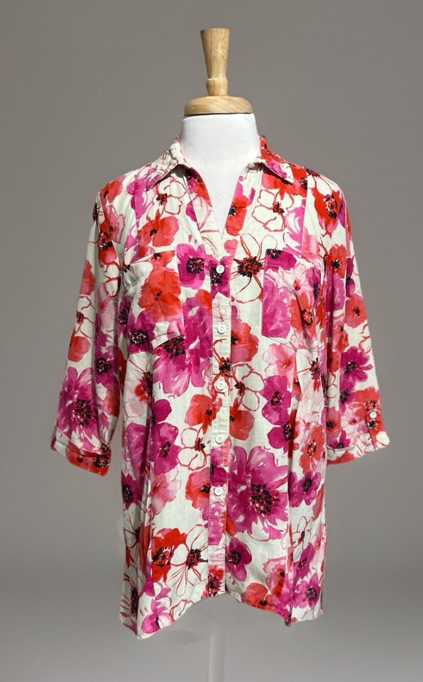 Jones New York Womens M 100% Linen Button Up Shirt Tunic Top Pockets Bloomcore